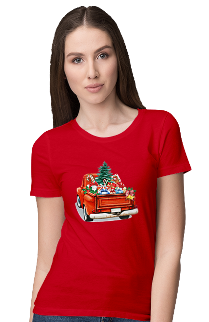 Women`s t-shirt with prints Car with gifts. Car, christmas, new year, presents, santa, tree. 2070702