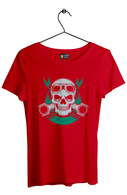 Футболка жіноча з принтом "череп мотолюбитель". Байк, мото, окуляри, череп. 2070702