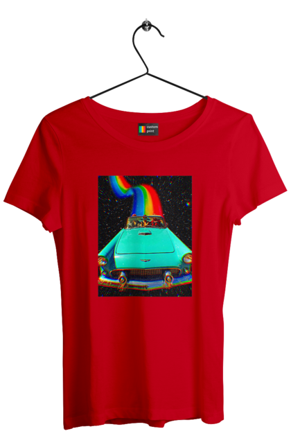 Футболка жіноча з принтом "Картина, машина у космосі". Веселка, картина, космос, машина, подорожі, поїздка, прикол, ретро. 2070702