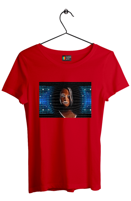 Футболка жіноча з принтом "Штучний Розум". Айті, айтішник, гик, жінка, знання, інженер, інтелект, кібер, кібернетика, кіборг, код, комп, комп`ютерник, кристал, машинне навчання, мікросхема, мозок, портрет, програміст, професіонал, професія, розробник, розум, світиться, світло, хакер, чіп, штучний інтелект, штучний розум. 2070702