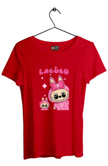 Футболка жіноча з принтом "Лабубу". Іграшка лабубу, лабубу, лабубу кока кола, мерч лабубу, мила, рожева лабубу, смішна лабубу. 2070702