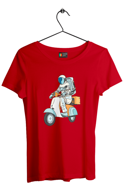 Футболка женская с принтом Космонавт на мотоцикле. Космонавт, космос, мотоцикл. 2070702