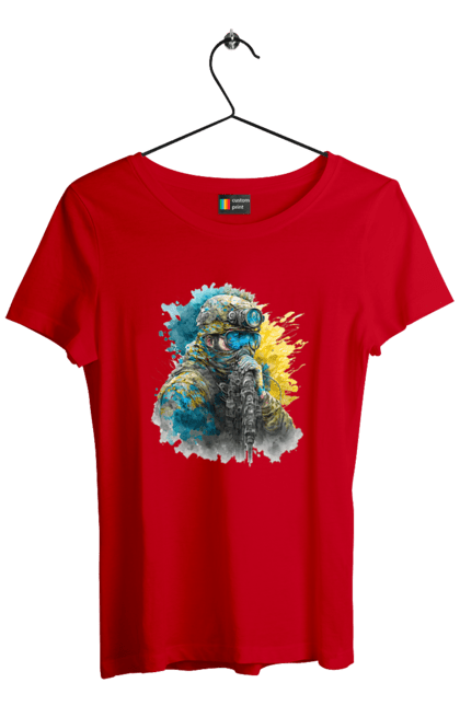 Футболка жіноча з принтом "Снайпер ЗСУ". Армія, зсу, прапор україни, символи україни, снайпер, солдат, україна. 2070702