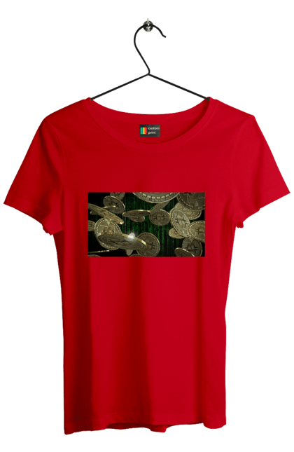 Футболка жіноча з принтом "Біткойн". Багатство, біткойн, валюта, гроші, криптовалюта, курс, майнінг, матриця, монета, розкіш, цифровий світ. 2070702