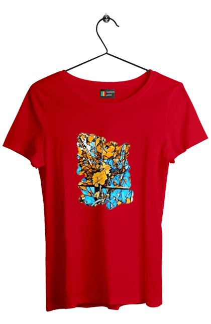 Футболка жіноча з принтом "Жовті квіти на синьому фоні". Арт, жовтий та синій, жовті квіти, жовто-синій, квіти, малюнок, природа, синій та жовтий, синьо-жовтий. 2070702