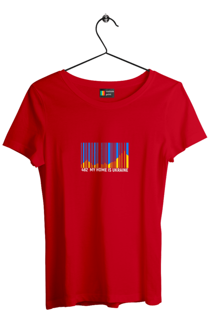 Футболка жіноча з принтом "Мій дім це  Україна". Батьківщина, гори, державний знак, мій дім, моя держава, синє небо, україна, штрих код. 2070702