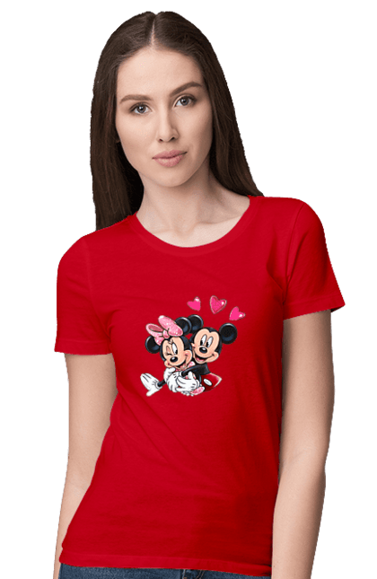 Women's t-shirt with prints Mickey Mouse and Minnie Mouse. Cartoon, disney, mickey, mickey mouse, minnie mouse. 2070702