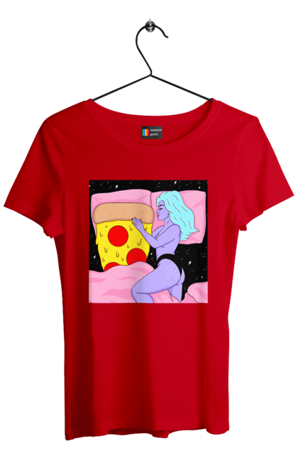 Футболка женская с принтом Фиолетовая Девушка И Пицца. Девушка, пицца, постель. 2070702