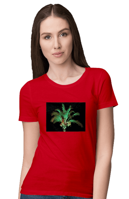 Футболка жіноча з принтом "Фінікова Пальма Вночі". Берег, відпочинок, відпустка, зелений, море, ніч, оазис, океан, острів, пальма, південь, подорож, пригоди, тропіки, фінікова, чорне. 2070702