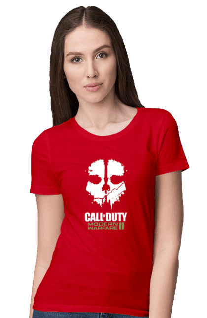 Футболка жіноча з принтом "Call of Duty Modern Warfare II". Call of duty, modern warfare, playstation, бої, бойовик, відеогра, гра, пригоди, спецоперації. ART принт на футболках