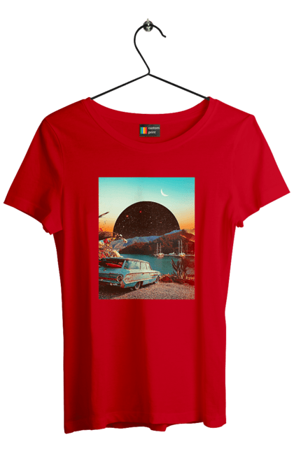 Футболка жіноча з принтом "Картина, машина біля річки". Картина, машина, планета, прикол, ретро, річка. 2070702