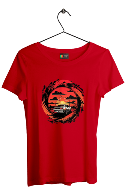 Women`s t-shirt with prints Ferrari at sunset. Car, cars, ferrari, ferrari at sunset. 2070702
