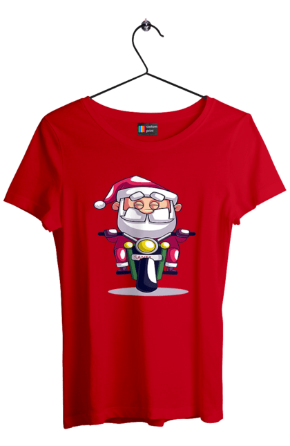 Футболка жіноча з принтом "Щасливий Санта на мотоциклі". 2022, дід мороз, зима, мотоцикл, новий рік, різдво, санта, сніг. 2070702