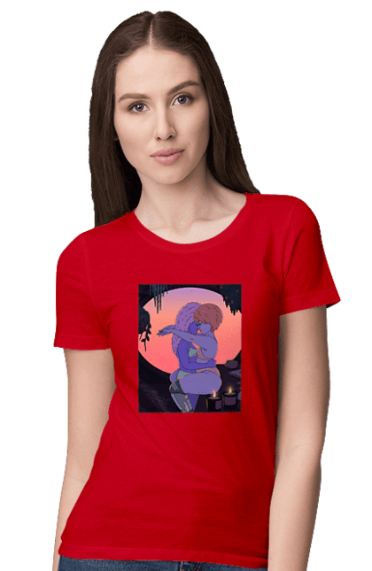 Women`s t-shirt with prints Purple Girls Hugging. Hug, sunset. 2070702