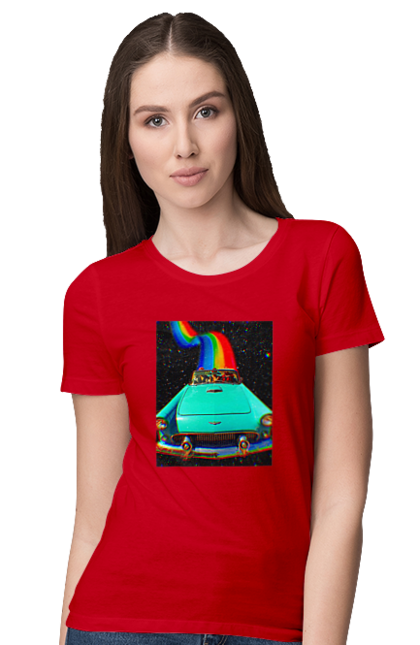 Футболка жіноча з принтом "Картина, машина у космосі". Веселка, картина, космос, машина, подорожі, поїздка, прикол, ретро. 2070702