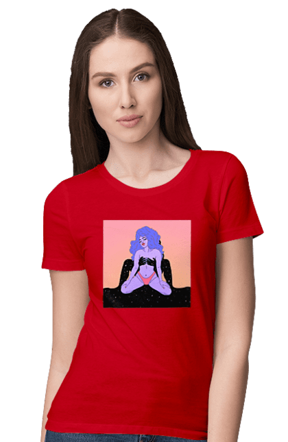Футболка жіноча з принтом "Фіолетова Дівчина В Трусиках". Інопланетянка, у трусах. 2070702