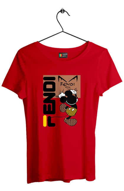 Футболка женская с принтом Fendi Микки Маус. Fendi, mickey mouse, бренд, дом моды, италия, люкс, микки маус, мода, сумка, фенди. 2070702