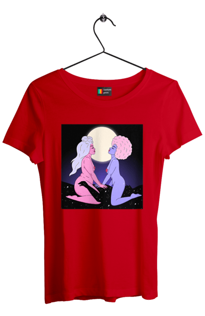 Women`s t-shirt with prints Two Aliens And The Moon. Aliens, from above, girls. 2070702