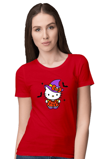 Women's t-shirt with prints Hello Kitty Halloween. Brand, cat, character, halloween, hello kitty, kitten, kitty, witch. 2070702