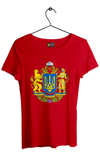 Футболка жіноча з принтом "Герб України". Герб, герб україни, козак, лев, лев і козак, україна. 2070702