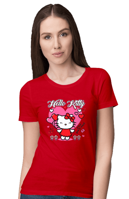 Футболка женская с принтом Хелло Китти. Hello kitty, бренд, кот, котенок, персонаж, хелло китти. 2070702