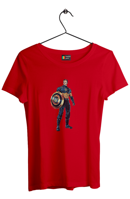 Футболка жіноча з принтом "Капітан Україна Зеленський арт". Володимир зеленський, зеленський, капітан америка, капітан україна, україна. 2070702