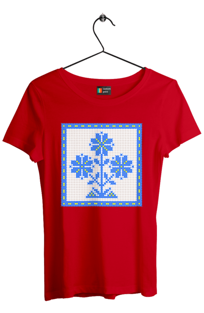 Футболка жіноча з принтом "Жовто блакитна вишивка квіти". Вишивка, вишивка хрестиком, квіти, символ україни, традиції україни, україна. 2070702