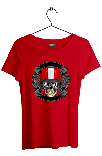 Футболка женская с принтом Череп мотоциклист. Мотоциклист\, череп, шлем. 2070702