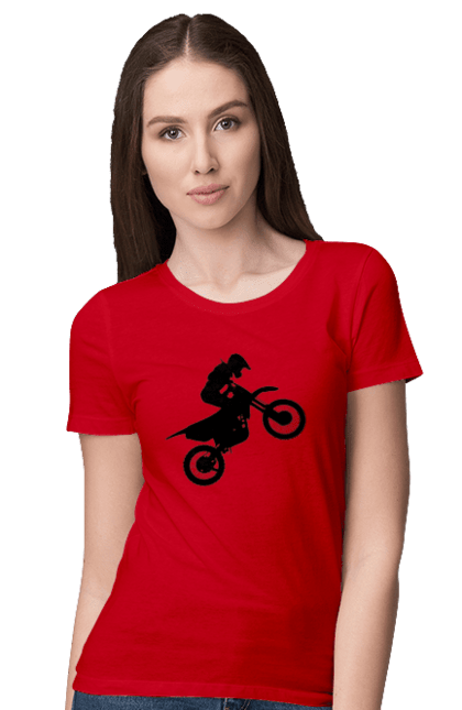 Футболка жіноча з принтом "Силует Мотоцикліста". Мотоцикл, мотоцикліст, шолом. 2070702