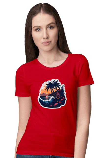 Футболка жіноча з принтом "Дивовижна пальма біля моря на закаті сонця". Закат сонця, море, пальма. CustomPrint.market