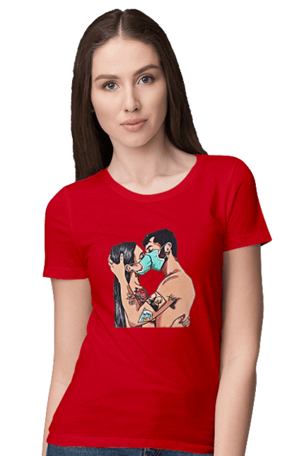 Women`s t-shirt with prints Coronavirus Love. Coronavirus, kiss, love, mask, quarantine. 2070702