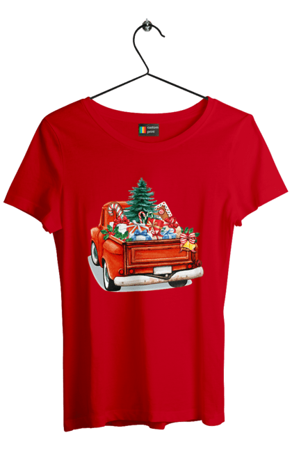 Women`s t-shirt with prints Car with gifts. Car, christmas, new year, presents, santa, tree. 2070702
