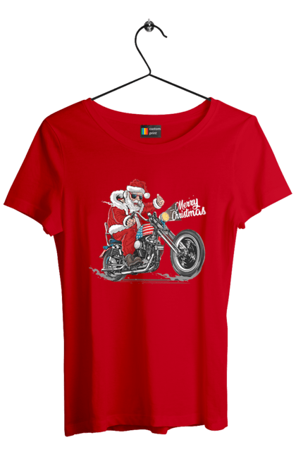 Футболка жіноча з принтом "Санта в окулярах на мотоциклі". Байкер, дід мороз, зима, мотоцикл, новий рік, різдво, санта, санта клаус, сніг, щасливого різдва. 2070702