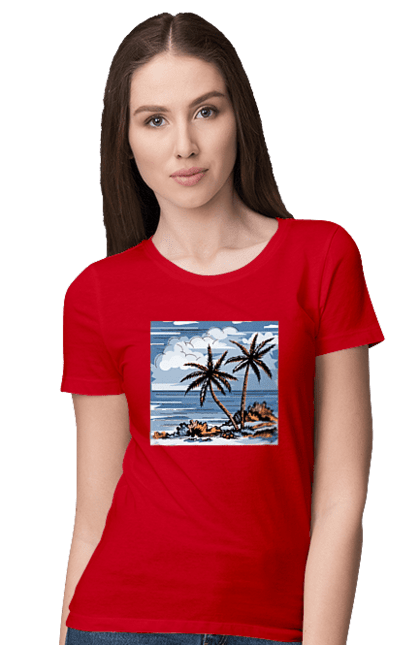 Футболка жіноча з принтом "Пальми І Небо". Море, небо, пальми, хмари. 2070702