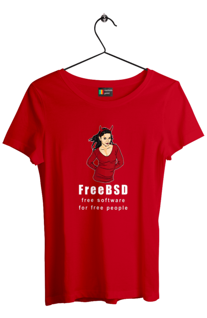 Футболка жіноча з принтом "Freebsd Для Вільних". Bsd, freebsd, unix, адміністратор, айті, айтішник, безкоштовна, безкоштовно, бестія, білий, вільна, демон, демонесса, доступність, незалежність, операційна система, ос, програміст, програмне забезпечення, свобода, сисадмін, система, системний адміністратор, софт, текст, червоний. 2070702