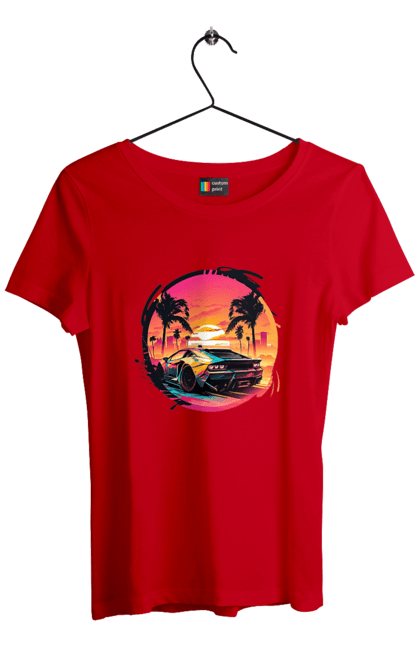 Футболка жіноча з принтом "Ламборджині Ретровейв". Авто, автомобиль, ламба, ламборджині, машина, машини, ретровейв. 2070702