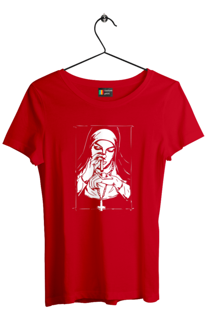 Women`s t-shirt with prints The nun sniffs the powder. Cool, cross, fashionable, nun, popular. 2070702