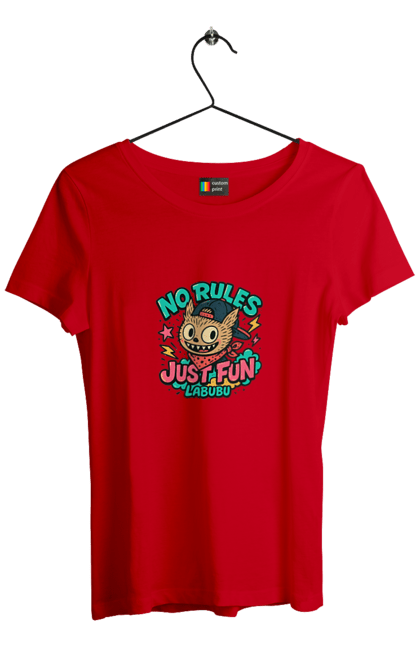 Футболка жіноча з принтом "Лабубу". Norulesjustfun, y2k, бандана, вуличний стиль, грайливий, графіті, зухвалий, лабубу, ретромультяшка, яскраво. 2070702