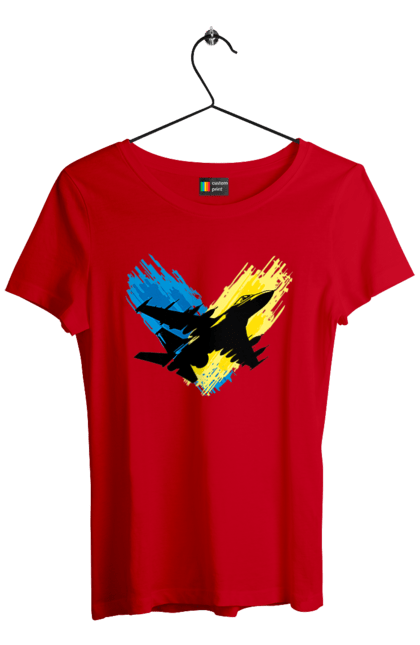 Футболка женская с принтом Самолет F 16. Всу, патриотическая, с флагом, самолёт, самолет f16, ф16, флаг. 2070702