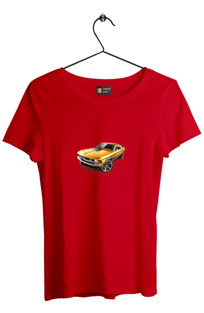 Футболка жіноча з принтом "Форд мустанг". Американська легенда, жовтий мустанг, культове авто, мустанг, потужне авто, форд мустанг, шелбі. 2070702