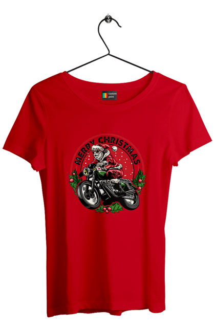 Футболка жіноча з принтом "Щасливого Різдва, дід мороз на мотоциклі". 2022, дід мороз, зима, мотоцикл, новий рік, подарунки, різдво, санта, сніг. 2070702