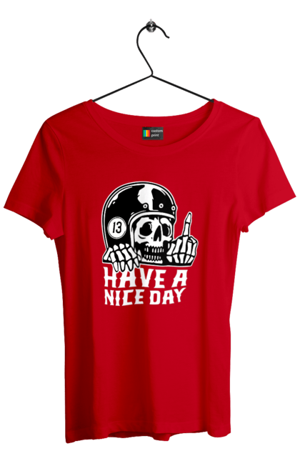 Футболка жіноча з принтом "Гарного дня". Байкерська, гарного дня, з черепом, тринадцять, фак, череп. 2070702