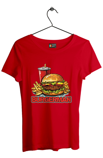 Футболка жіноча з принтом "Burgerman". Бургер, для чоловіків, їжа, літні, макдональдс, прикольні, трендові, фаст фуд, чоловічі. 2070702