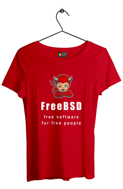 Футболка жіноча з принтом "Freebsd Для Вільних". Bsd, freebsd, unix, адміністратор, айті, айтішник, безкоштовна, безкоштовно, бестія, білий, вільна, демон, демонесса, доступність, незалежність, операційна система, ос, програміст, програмне забезпечення, свобода, сисадмін, система, системний адміністратор, софт, текст, червоний. 2070702
