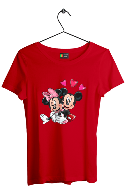 Women's t-shirt with prints Mickey Mouse and Minnie Mouse. Cartoon, disney, mickey, mickey mouse, minnie mouse. 2070702