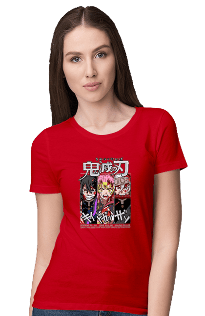 Women's t-shirt with prints Demon Slayer Obanai Mitsuri Tengen. Anime, demon slayer, iguro, kimetsu no yaiba, manga, mitsuri, obanai, tengen. 2070702