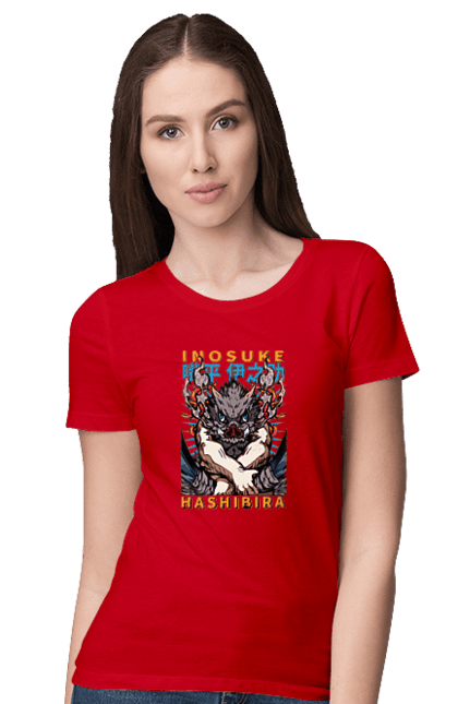 Women's t-shirt with prints Demon Slayer Inosuke. Anime, demon slayer, inosuke, inosuke hashibira, kimetsu no yaiba, manga. 2070702