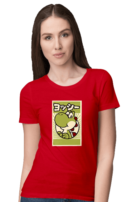 Women's t-shirt with prints Mario Yoshi. Character, dinosaur, games, mario, nintendo, super mario world, yoshi. 2070702