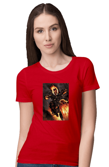 Футболка жіноча з принтом "Пекельний Гонщик". Вогонь, мотоцикл, пекельний гонщик, скелет, чоппер. 2070702