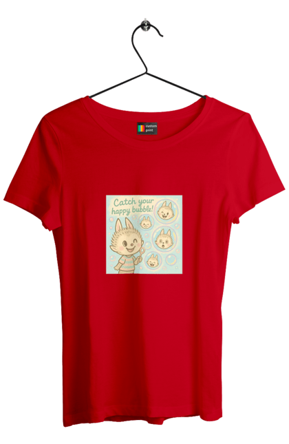 Футболка жіноча з принтом "Лабубу". Бульбашки, грайливо, каваї, казково, лабубу, милаілюстрація, ніжнікольори, пастельнамистецтво, щасливі бульбашки. 2070702